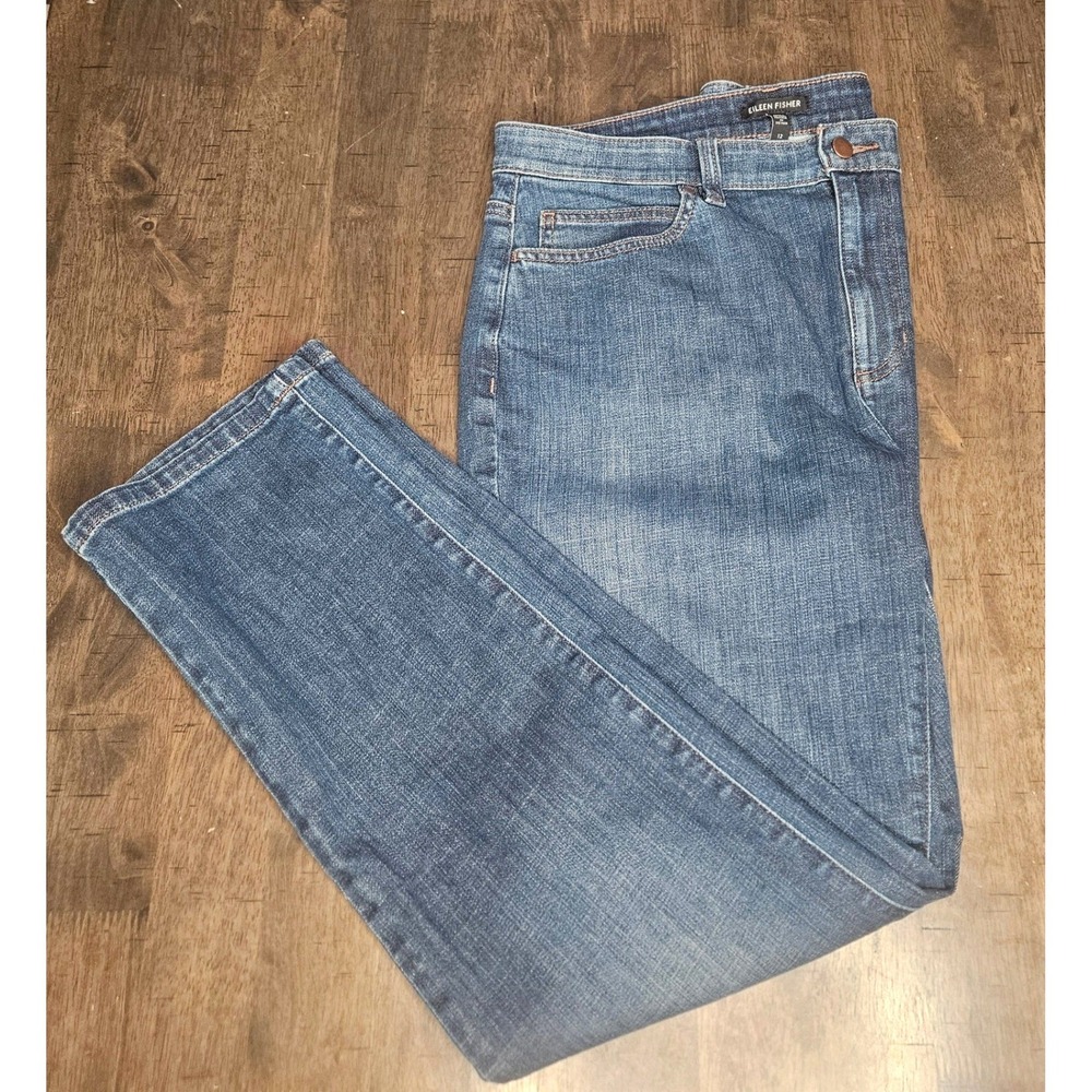 Eileen Fisher High Rise Jeans Organic Cotton Med Wash Straight Leg 12 Fall 2020